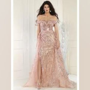 Rose gold beaded sequin fitted long gown with wrap skirt